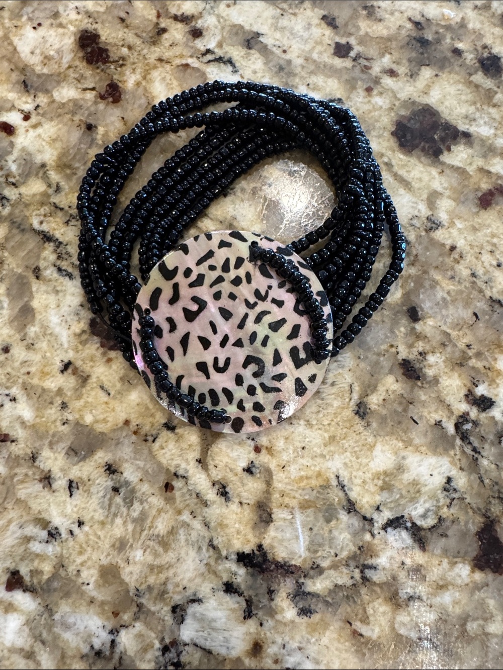 Black Beaded Multi-Strand Bracelet with Leopard Disc